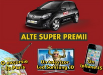 Castiga o masina Renault Twingo, o excursie la Paris, un iPhone 4S si un televizor LED Samsung