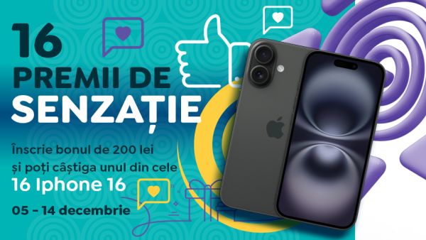 Câștigă 16 telefoane iPhone 16 256GB 5G