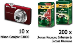 Castiga 10 aparate foto Nikon Coolpix S3000 si 200 de pachete promotionale Jacobs Kroenung